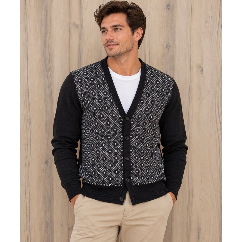 Mens Wool Blend Cardigan S Brown Diamond Print Preppy Old Money Classic
